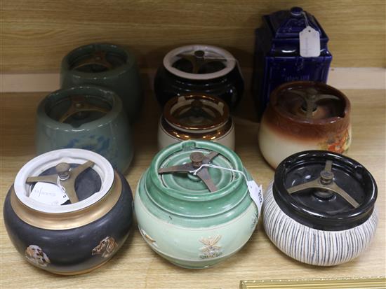 A Houses of Parliament Stone tobacco jar, a blue Yale Mixture jar and ten other tobacco jars, various (12)